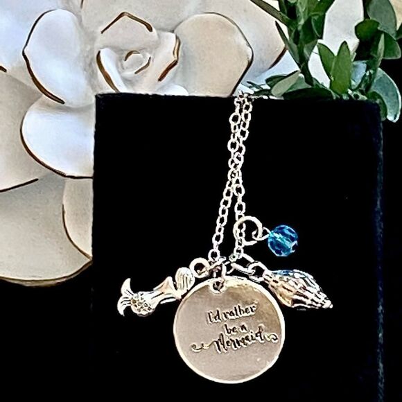 I’d Rather Be A Mermaid Shell Bead Silver Tone Charm Necklace NWT - Picture 9 of 9